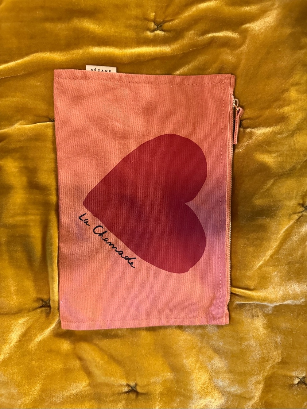 Sezane La Chamade Heart Canvas Pouch - Coral and Burgundy NWOT